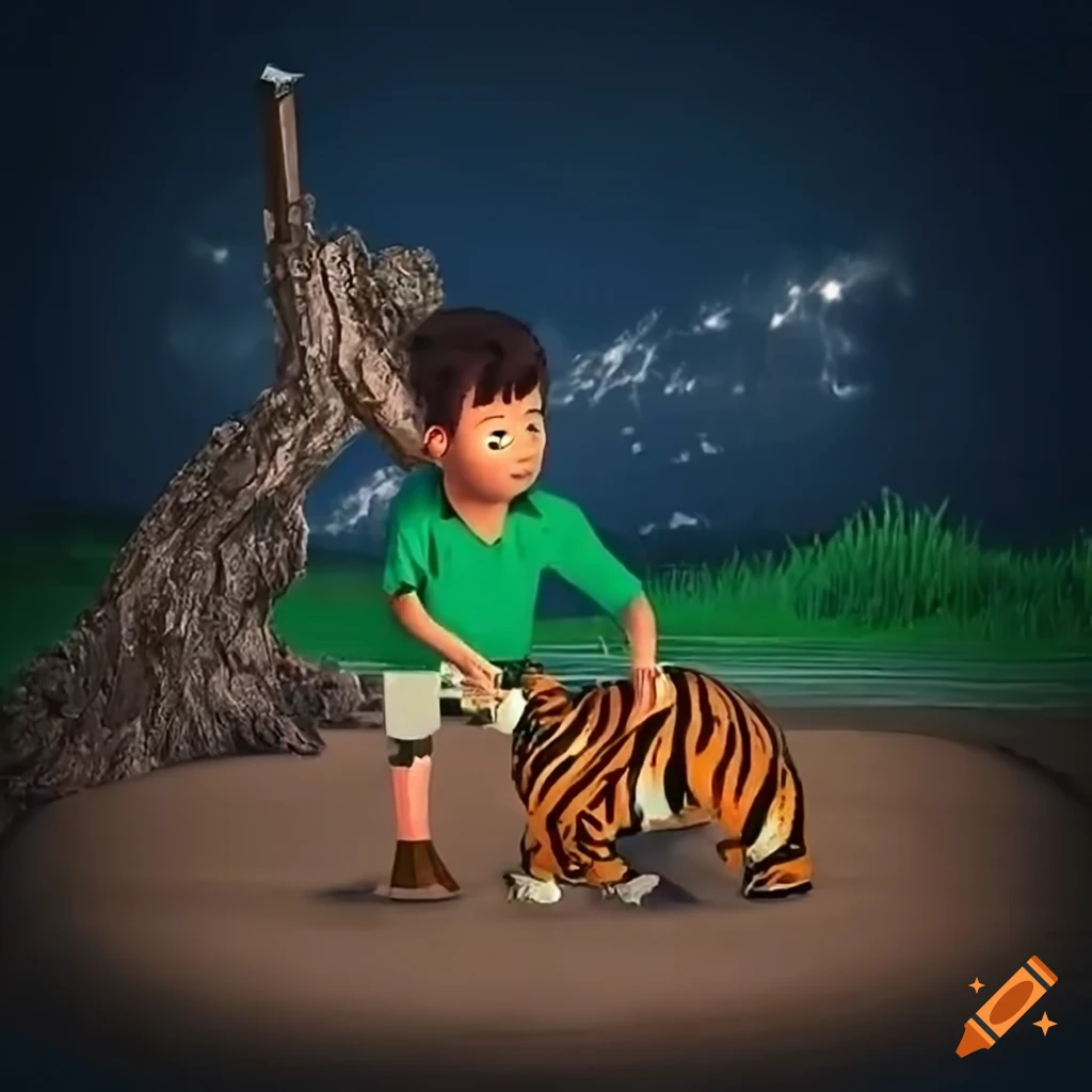 African boy carving a tiger into a tree trunk with a chisel and mallet