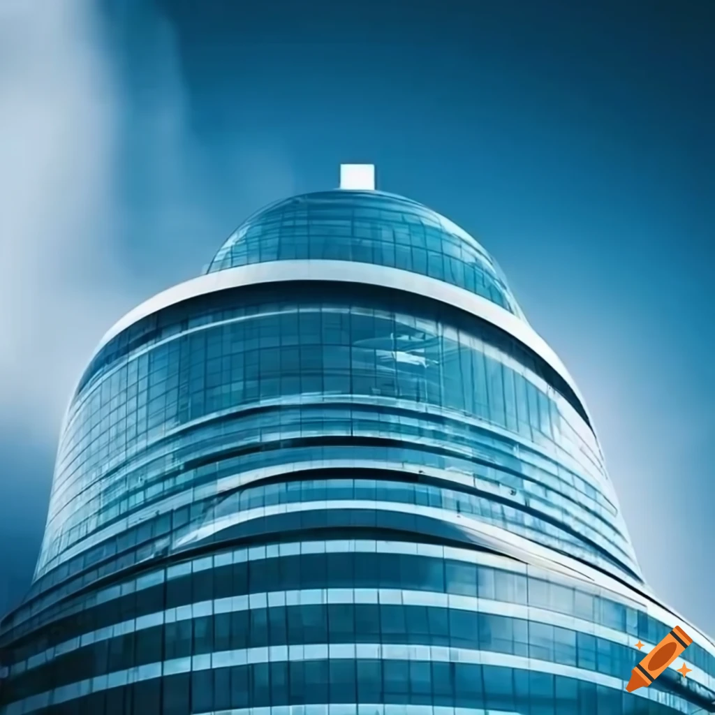 Futuristic round-shaped 2075 University building with glass facade and logo at the top