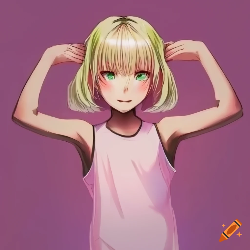 Anime girl with blonde hair and green eyes in pink sleeveless shirt with crossed arms