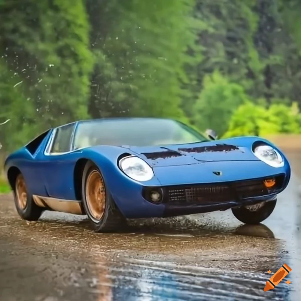 Rusty dark blue Lamborghini Miura driving in the rain