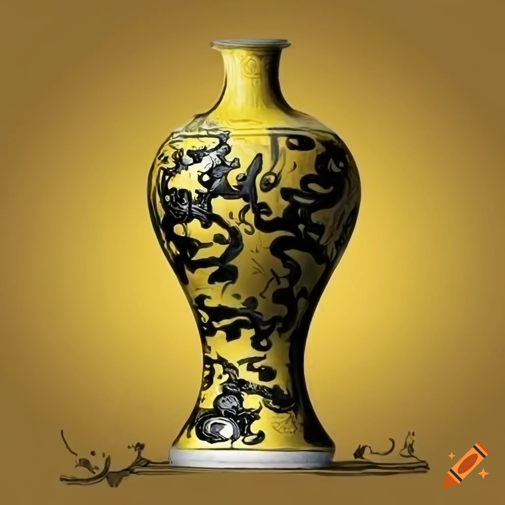 Ornate Chinese vase with yellow and black designs in dramatic light