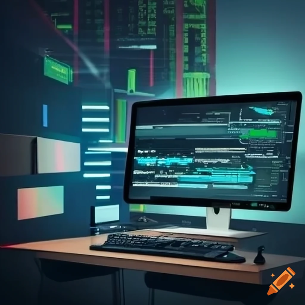 Modern coding workspace with desk setup and computer monitors ...