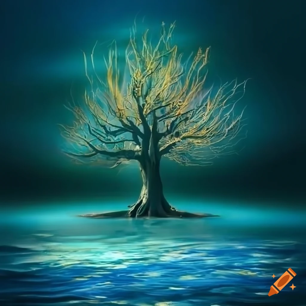 Ethereal ancient tree with white trunk, gold branches, and vibrant foliage by a lake