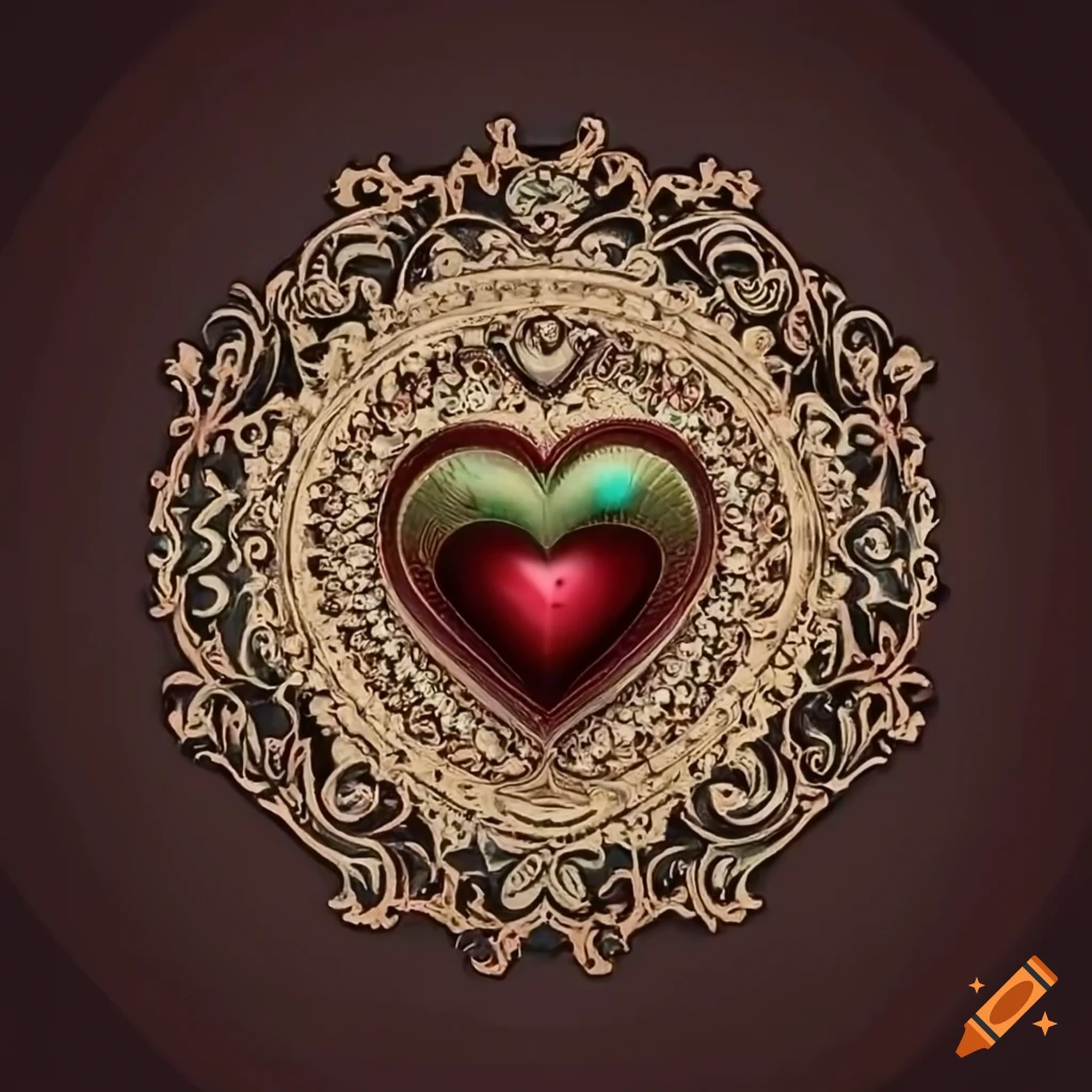 Heart with a crown, filigree, and vines in circular border design
