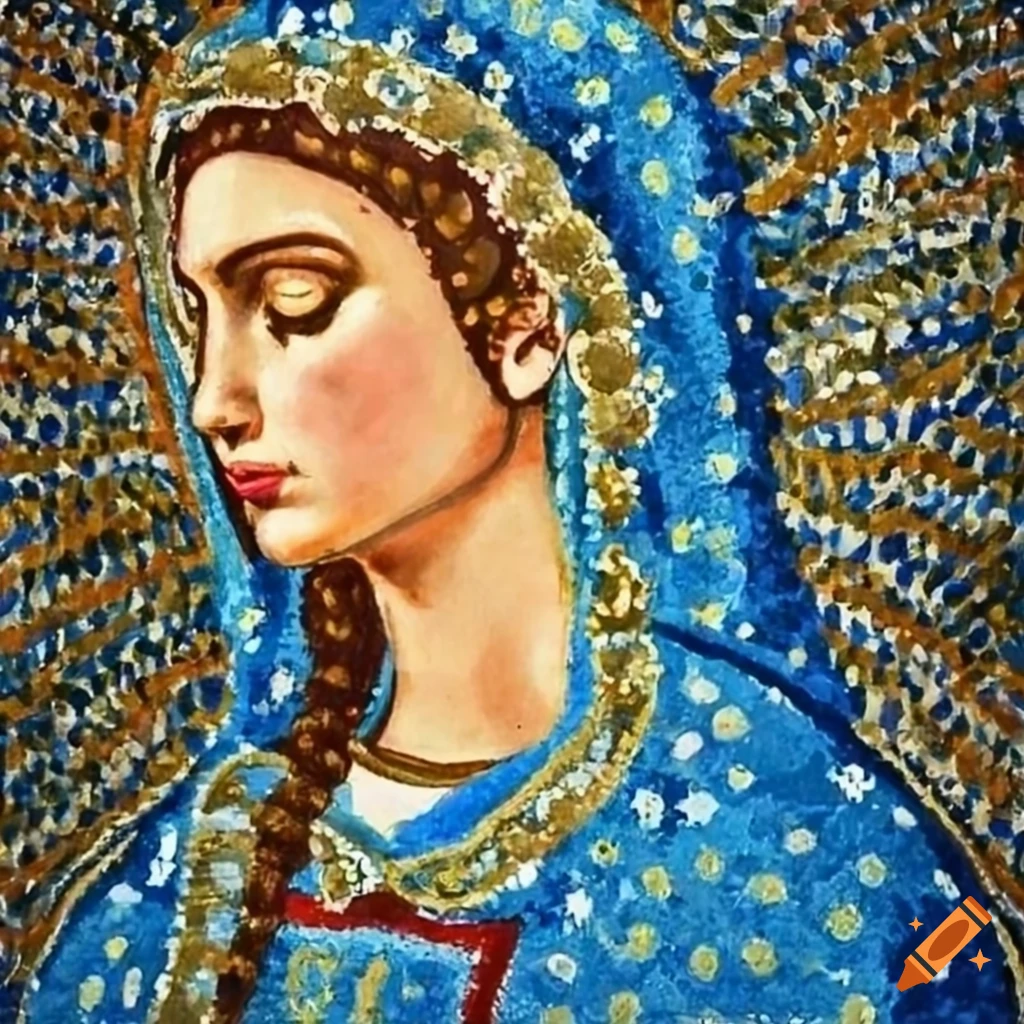 Crowned Virgin Mary in pointillism style with a humble profile face in prayer