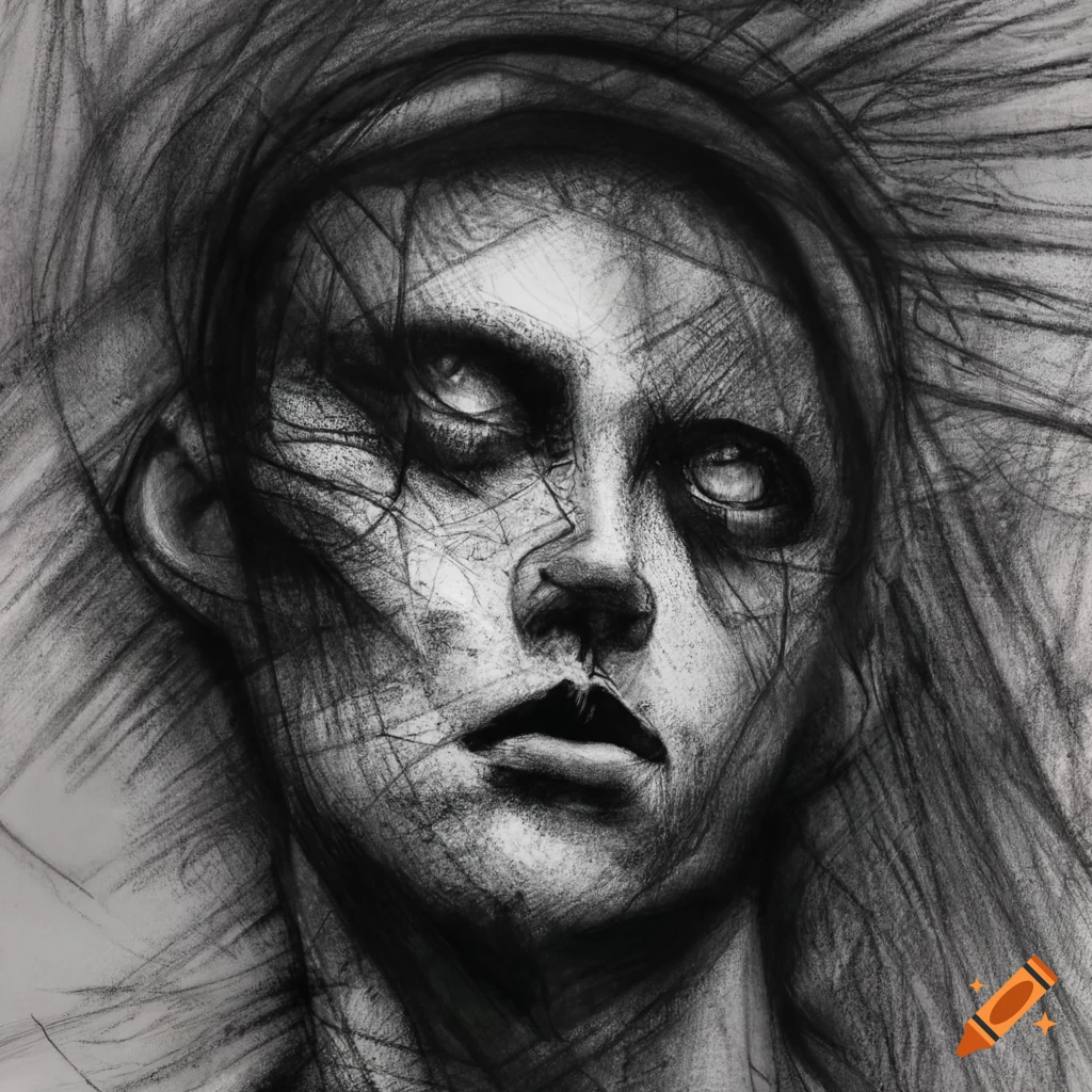 Intricate charcoal drawing of an abstract male face with swirling lines