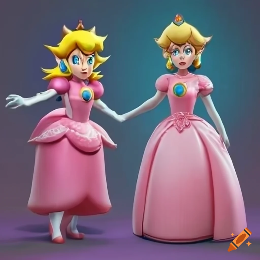 Princess Peach and Link in pink silk ballgowns posing together on Craiyon