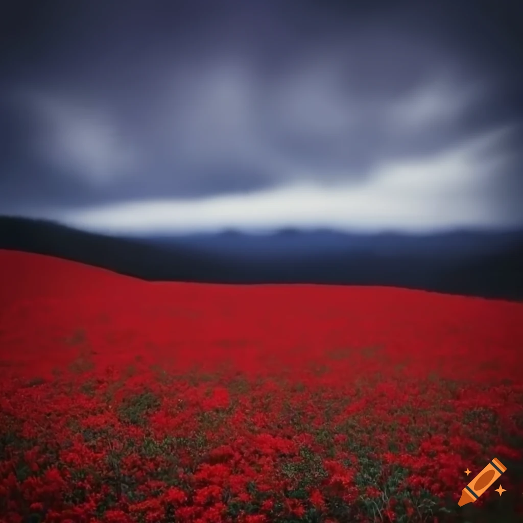 Field of red flowers with black mountains in the background on Craiyon
