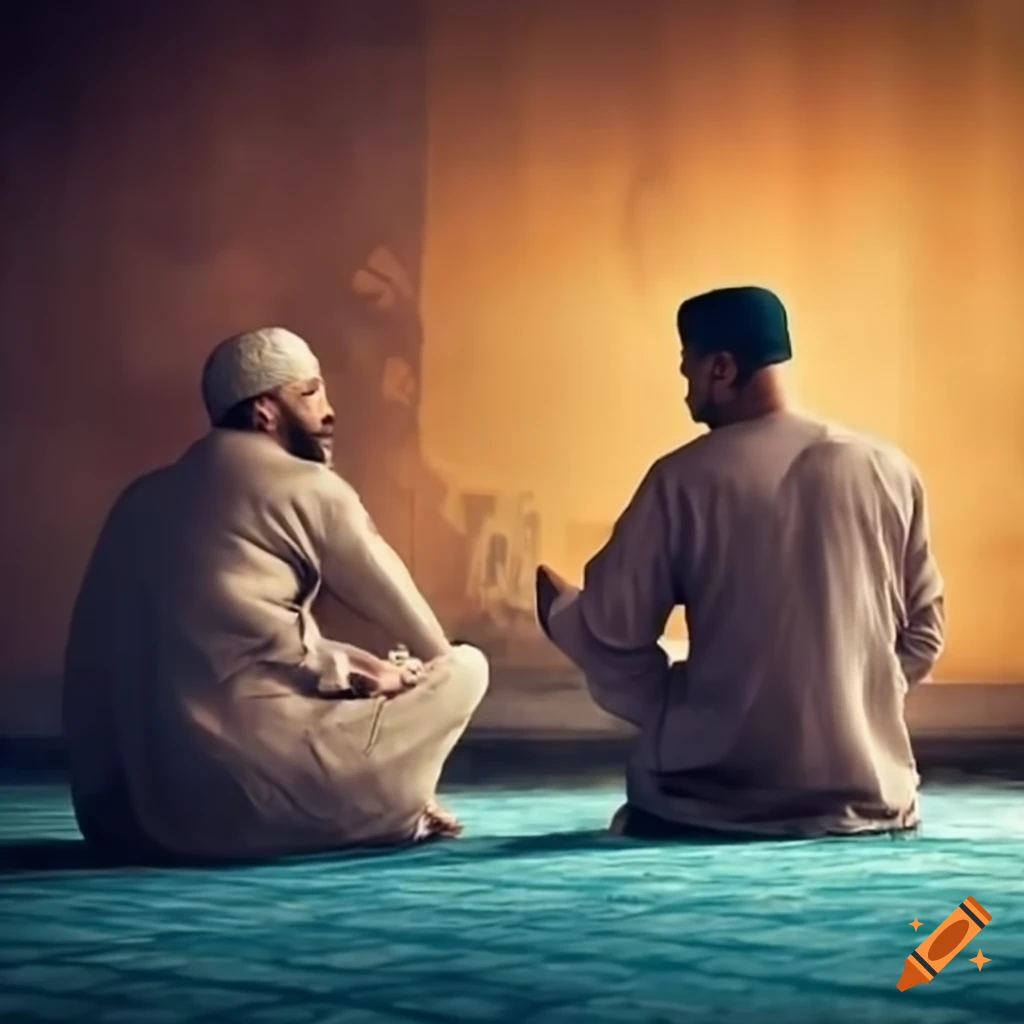Two smiling men chatting in a mosque