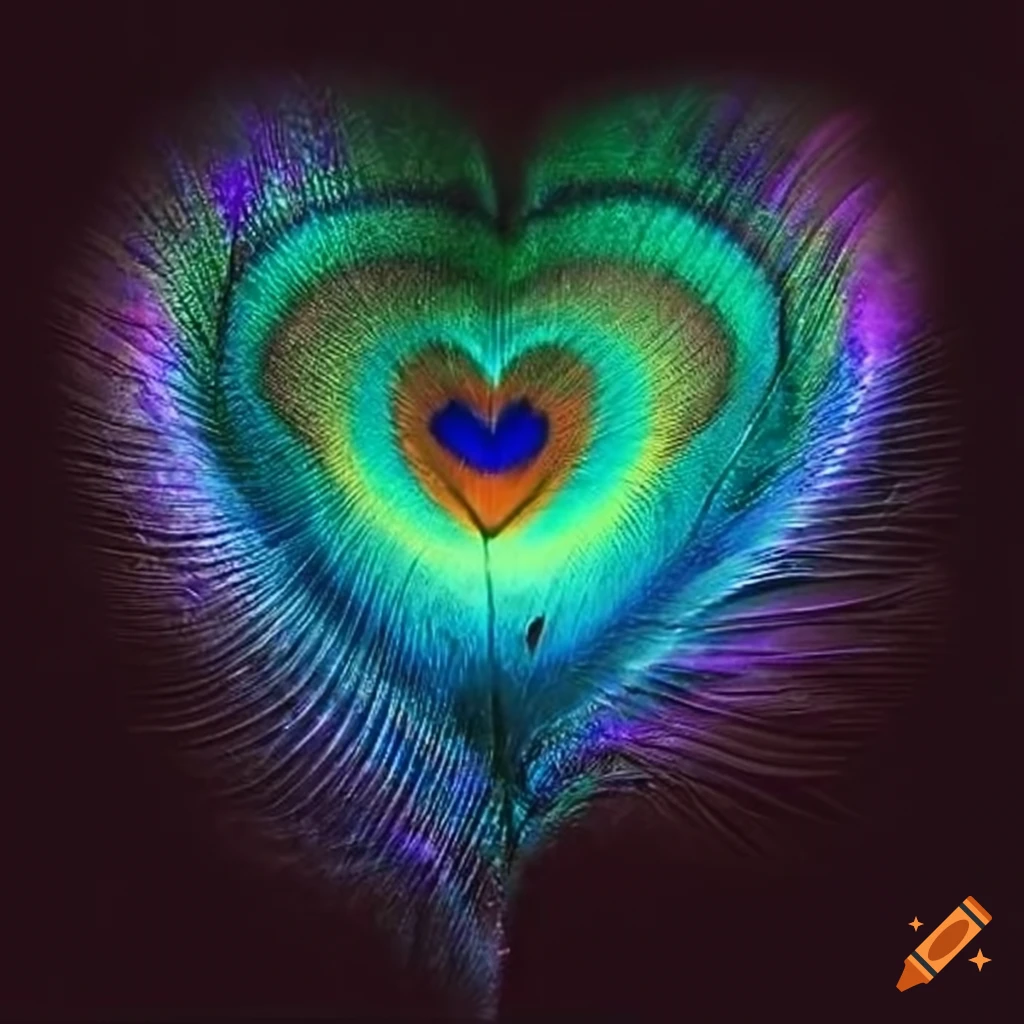 Mystical peacock feather with aurora borealis in heart shape