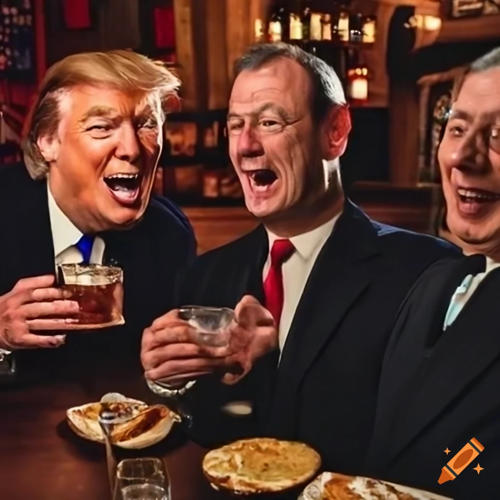 Satire photo depicting Trump and Justice John Roberts sharing a laugh over food and drinks in a pub