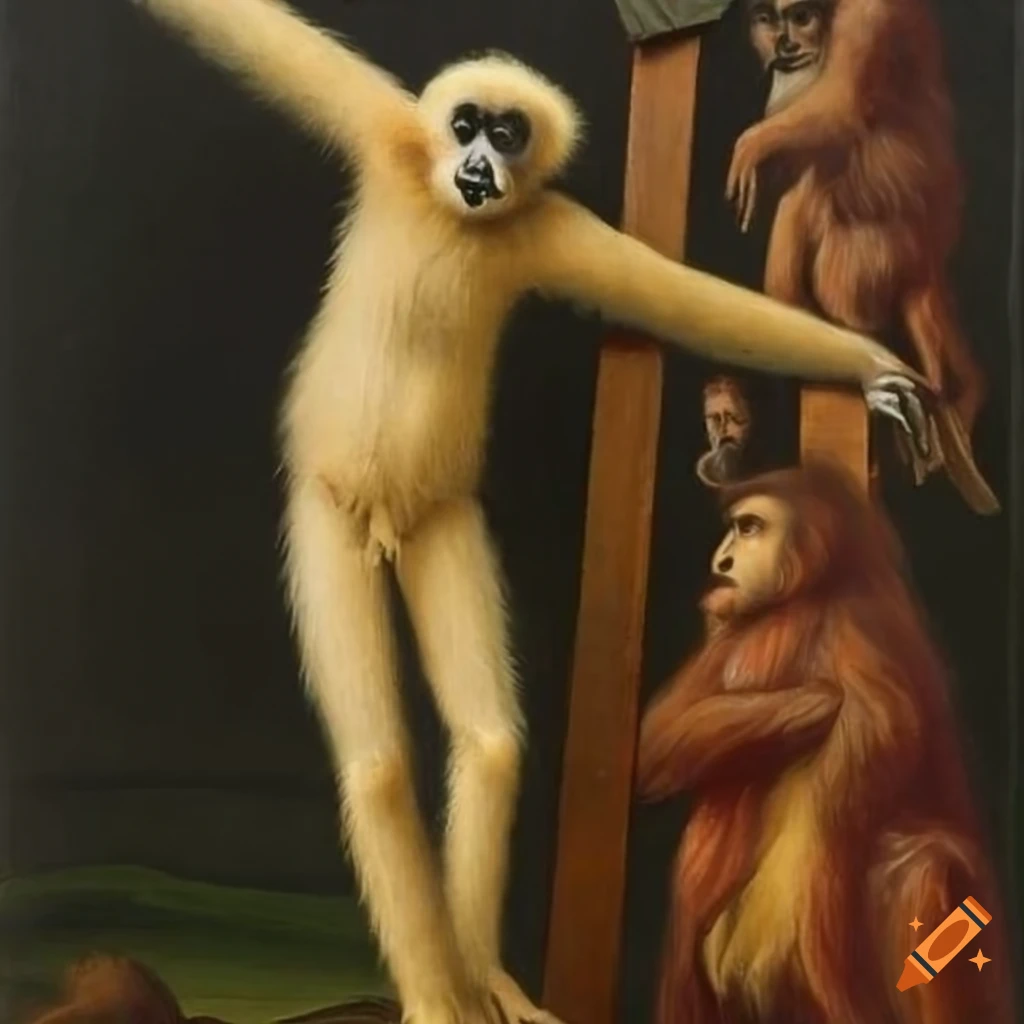 Renaissance painting of white-cheeked gibbon resembling Jesus on the cross, orangutan walking away