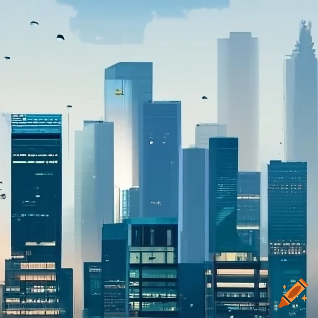 Rain-soaked city skyline with tall buildings