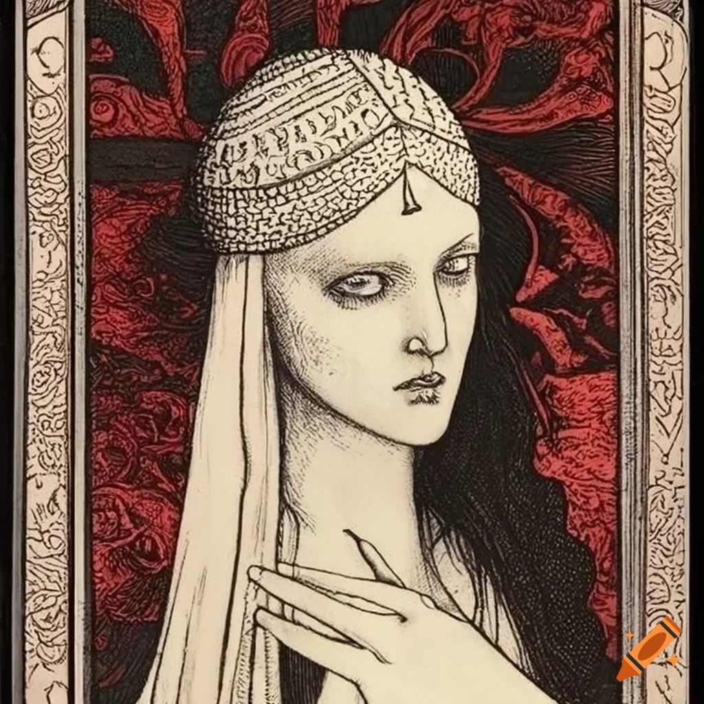 Mary Magdalene tarot card with mystical religious figures and dark symbolism