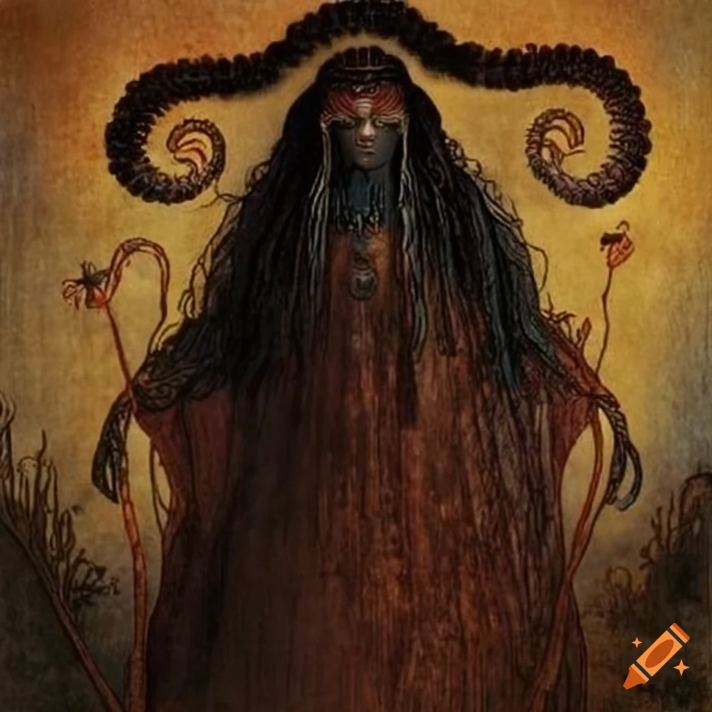 Otherworldly black ancestral spirit in the style of Edmund Dulac art