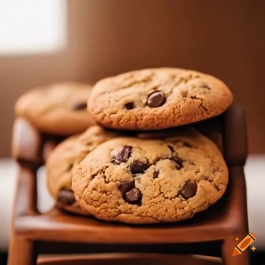 Three delicious chocolate chip cookies on a wooden chair