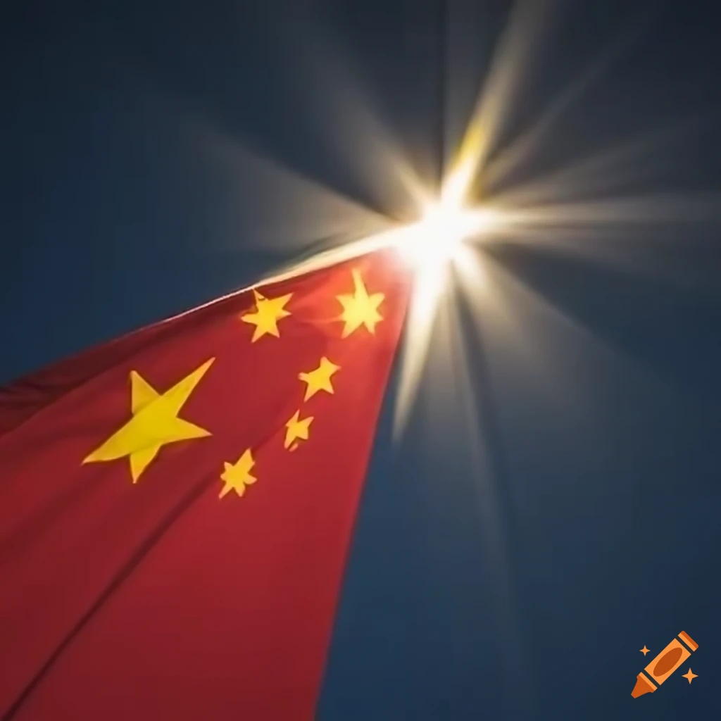 Light rays and streaks with superimposed red apple, Australian flag, and Chinese flag on a flagpole