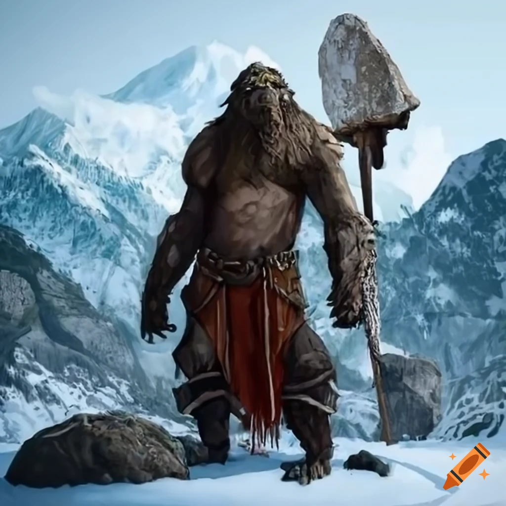 Norse troll warrior with boulder against snowy mountain landscape on ...