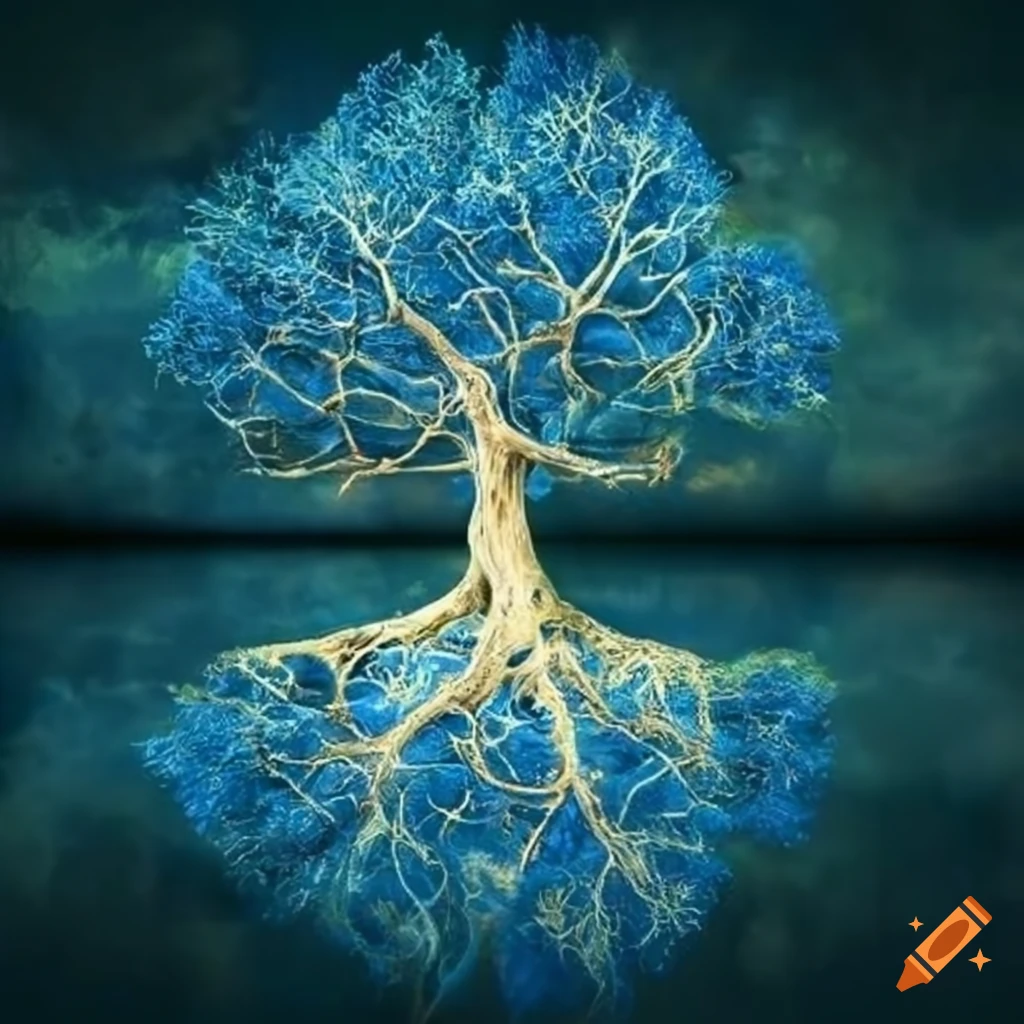 Ethereal ancient tree with shimmering white bark and blue-green foliage in a tranquil setting