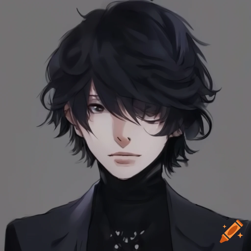 Young male with medium black hair and eyeliner in anime style on Craiyon