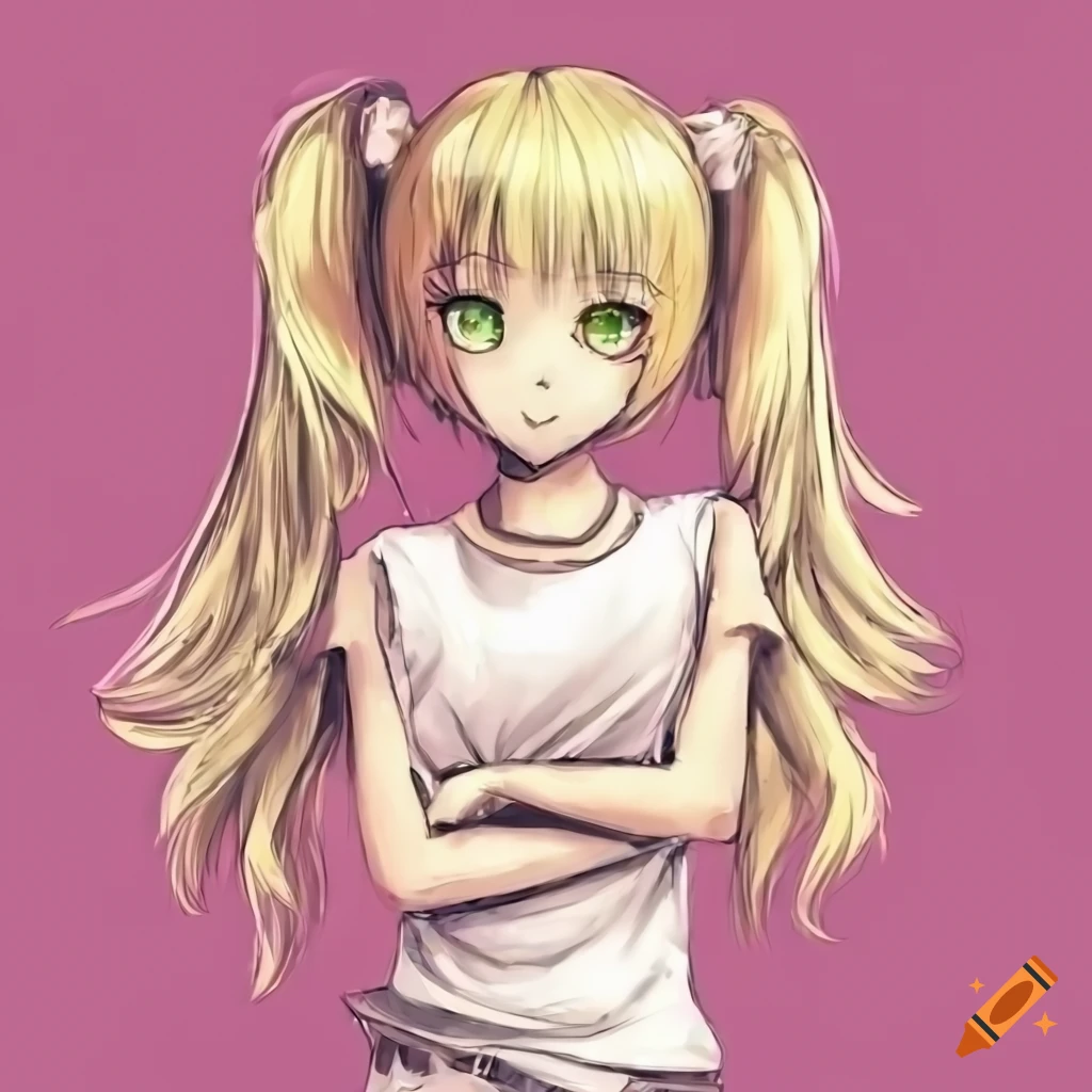 Anime girl with blonde hair and green eyes in pink sleeveless shirt with crossed arms