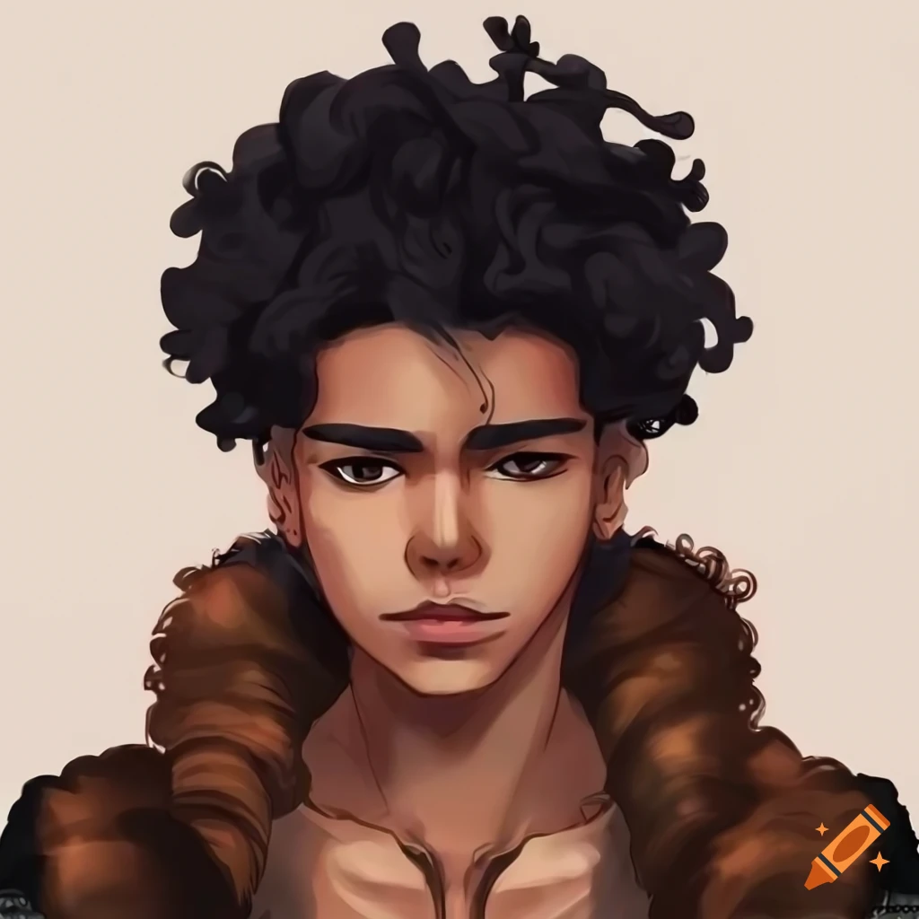 Japanese anime-inspired male character with dark brown skin and curly ...