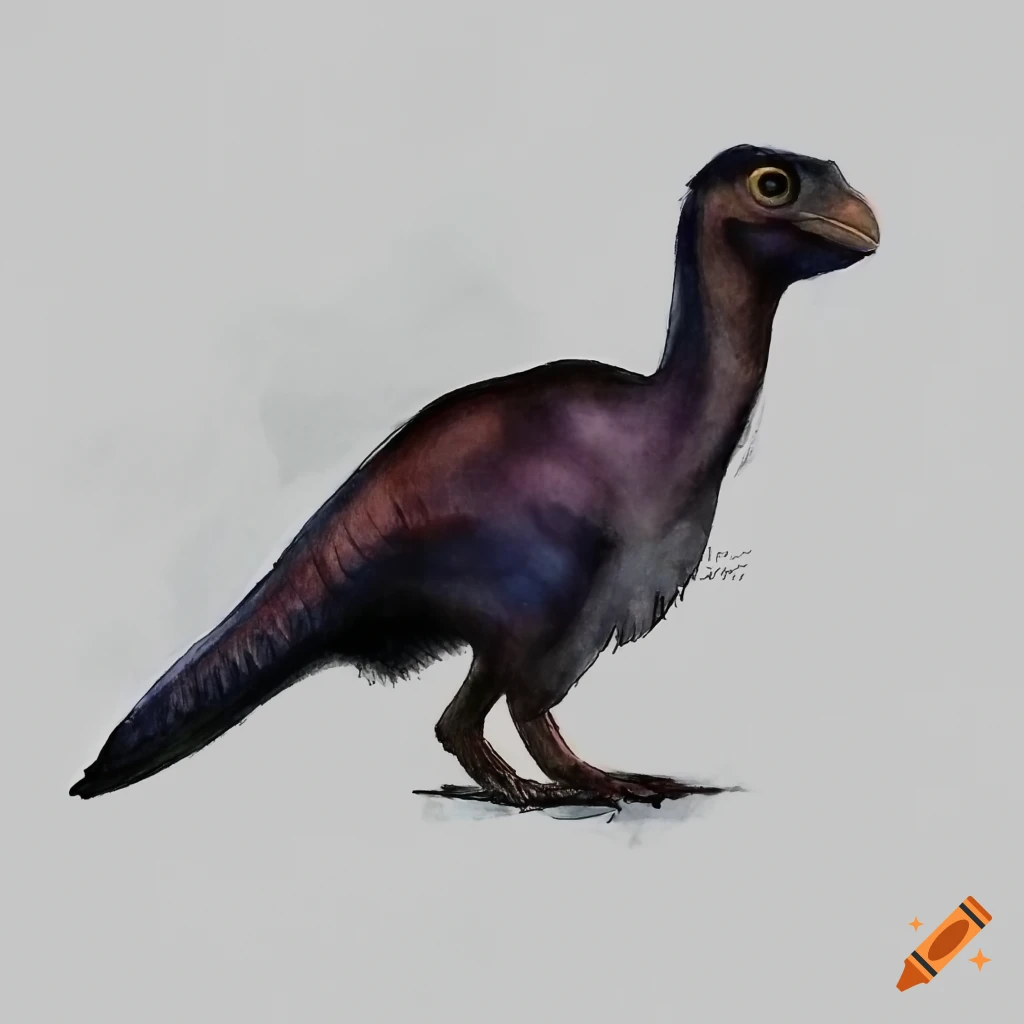 Speculative evolution taxonomic drawing of alien bird-dinosaur hybrid with dark coloration