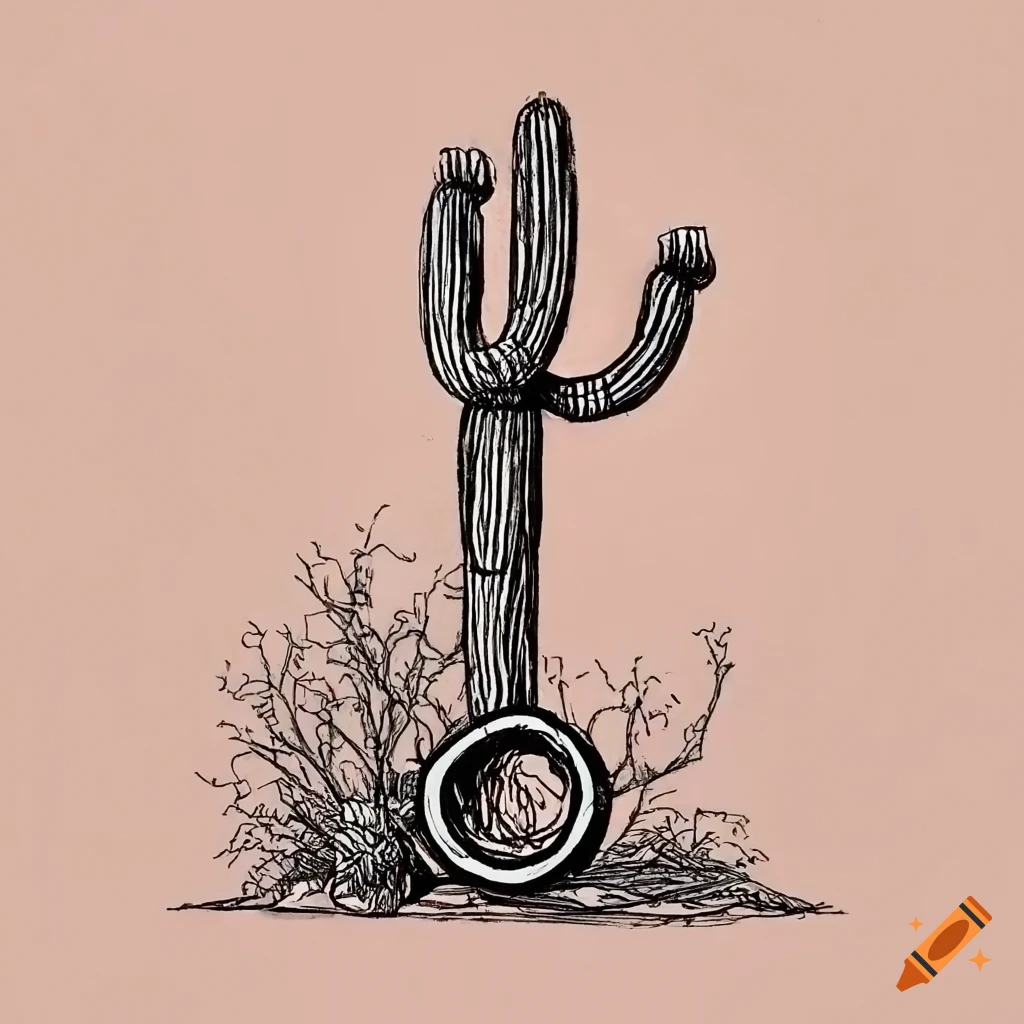 Saguaro cactus with a flat tire in line art style
