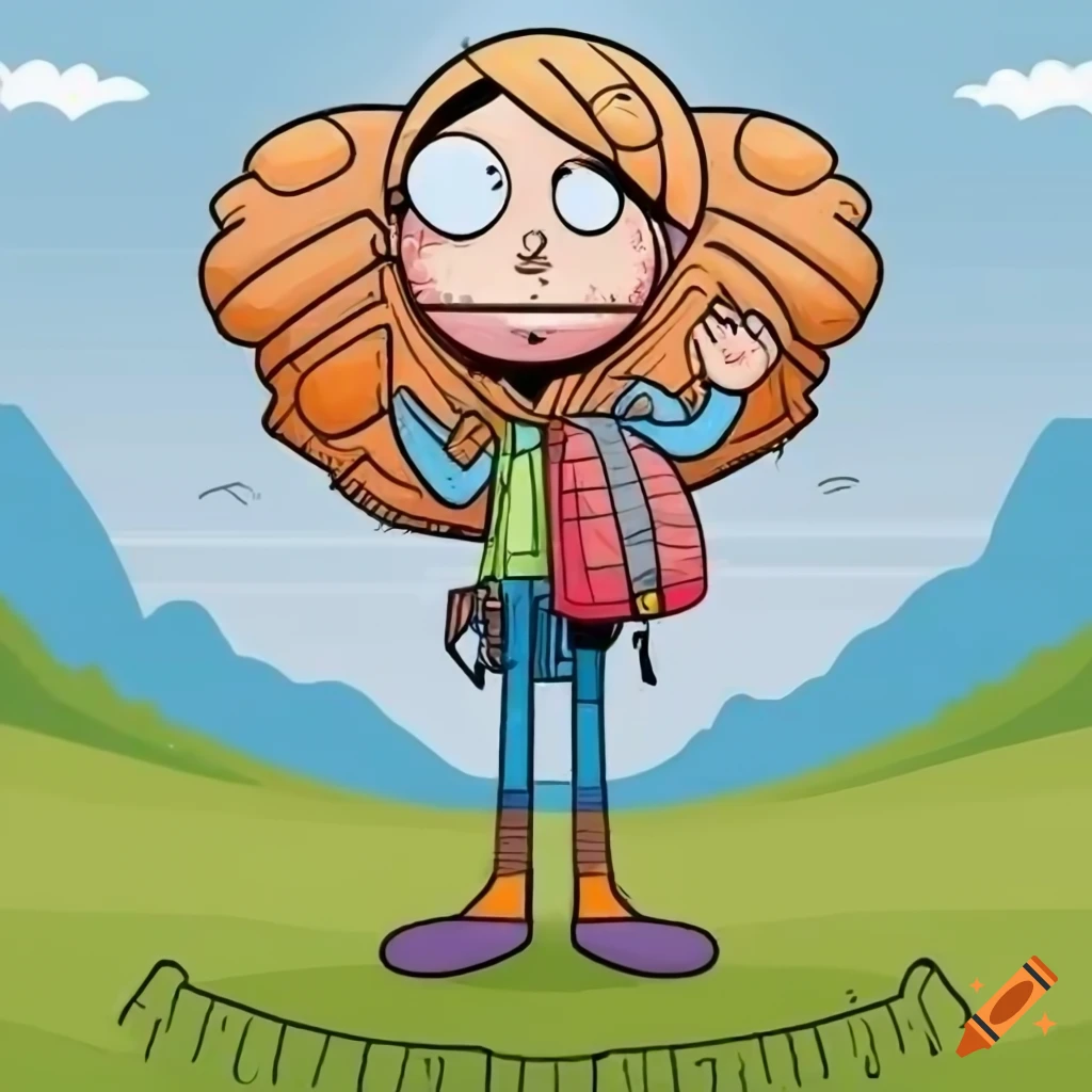 Cartoon woman climbing a mountain with a big backpack