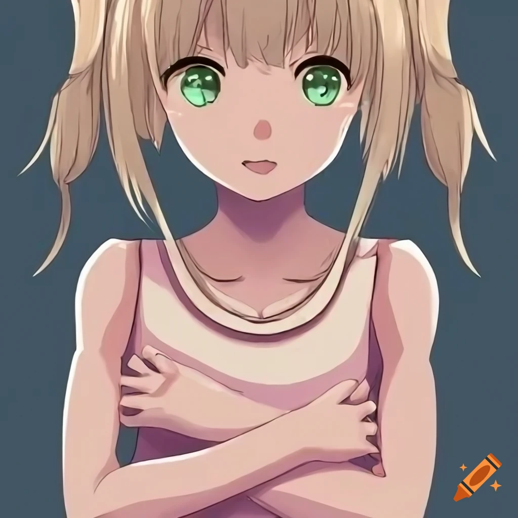Anime girl with blonde hair and green eyes in pink sleeveless shirt with crossed arms