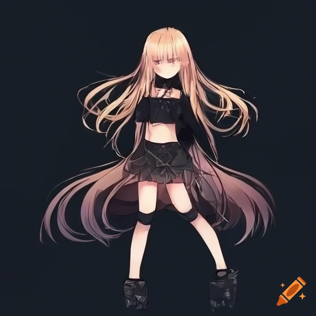 Smiling anime girl with long hair and black crop top on Craiyon