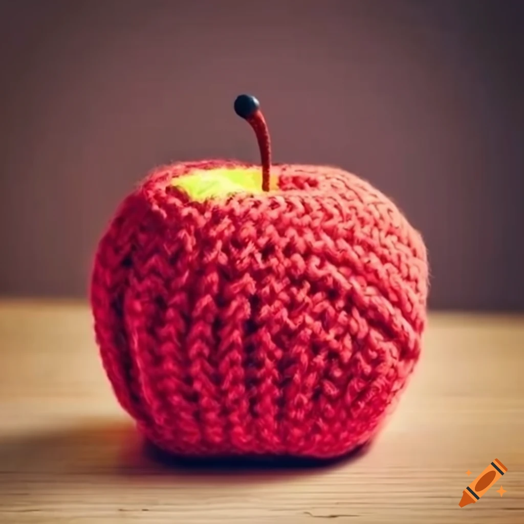 Giant knitted red apple on a table