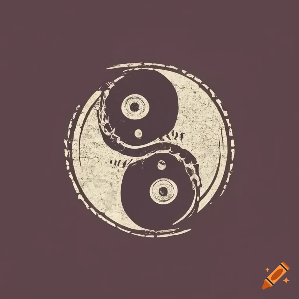 Retro yin and yang symbol with enso zen symbol in vintage monochrome