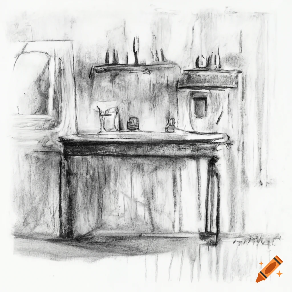 Kitchen table in old cottage house at night in charcoal drawing on Craiyon, image size:1024x1024