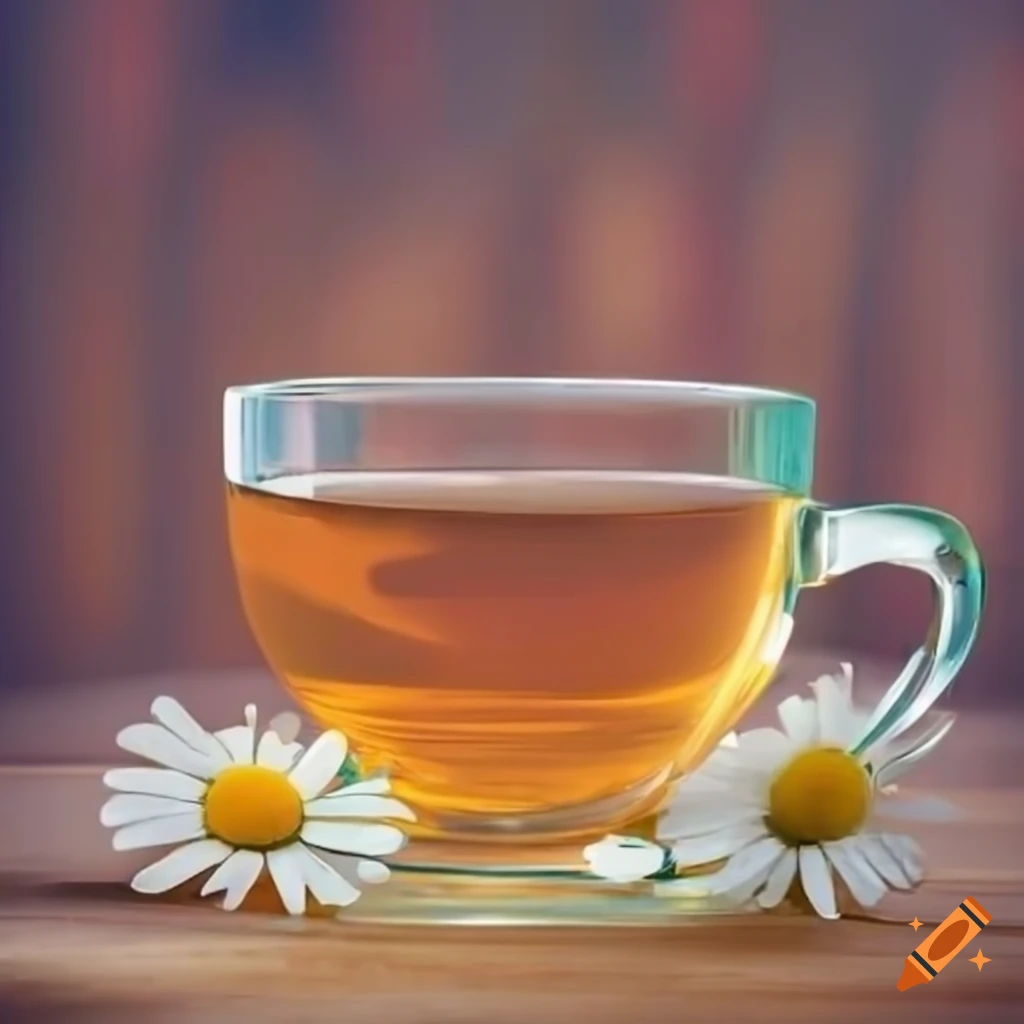 Glass cup with chamomile tea on warm background on Craiyon