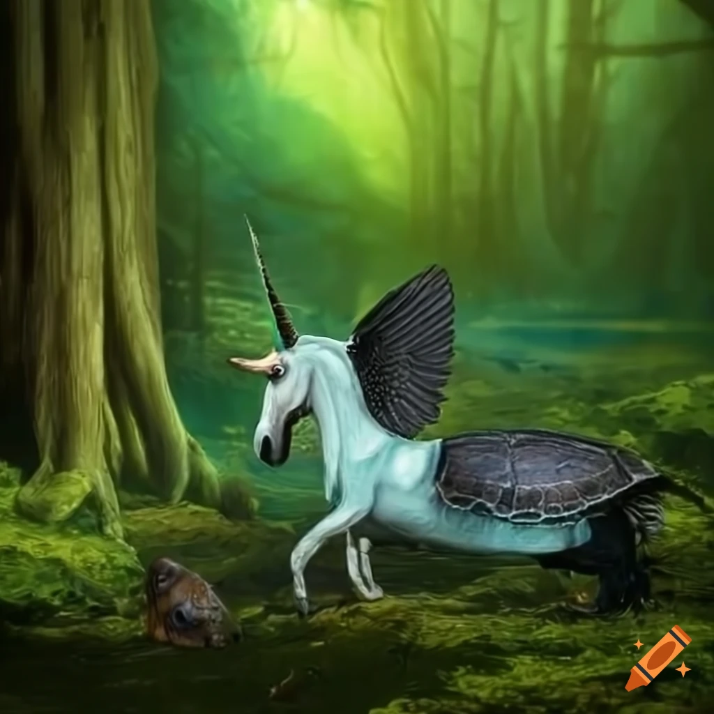 Black winged unicorn with a turtle in a green forest on Craiyon