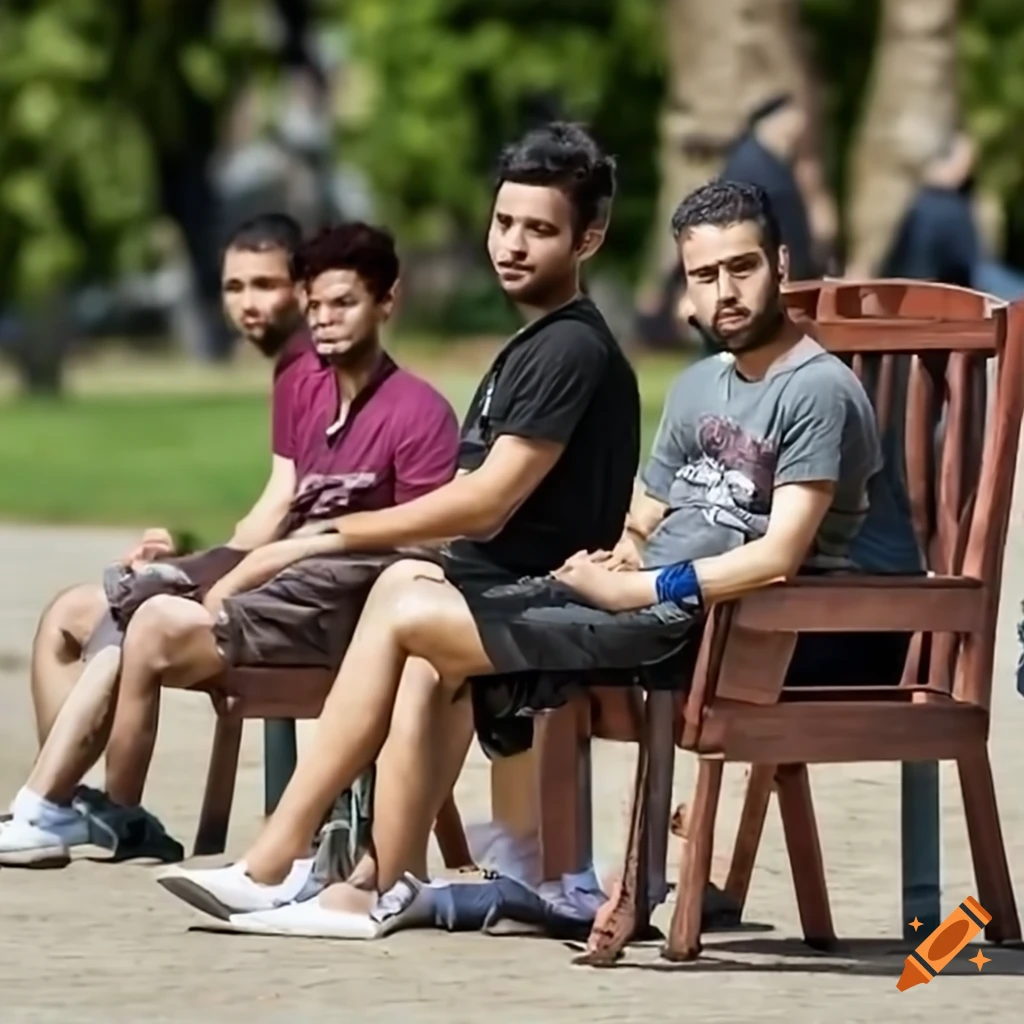 Group of men sitting in a sunlit park by the seaside