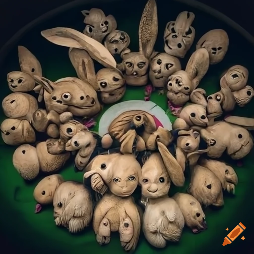 Whimsical rabbit statues in a circular arrangement reminiscent of Stonehenge
