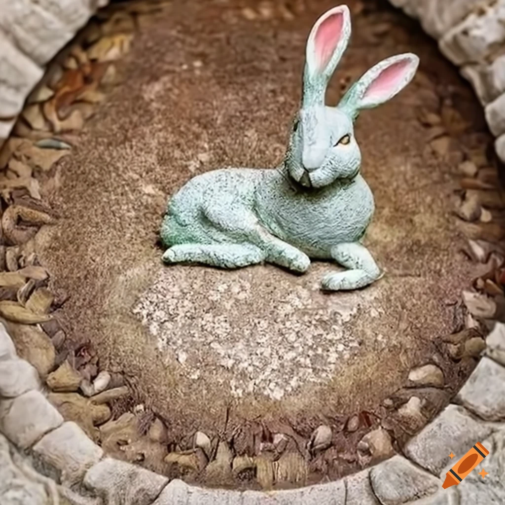 Whimsical rabbit statues in a circular arrangement reminiscent of Stonehenge