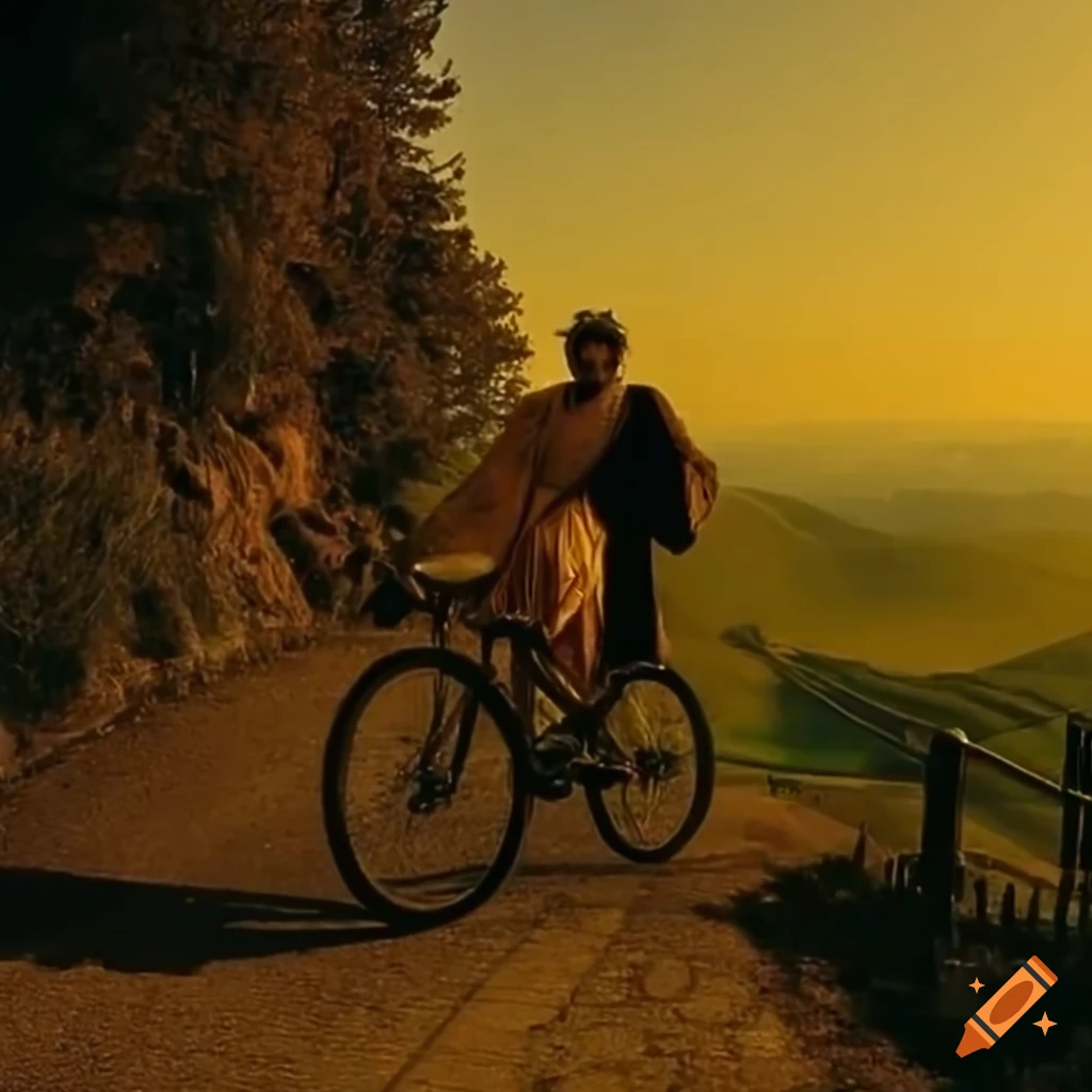 Jesus Christ biking with travel bags in Tuscany hills