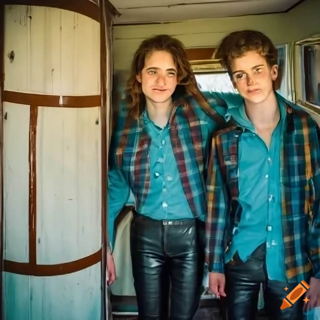 Irimia twins singers standing in a caravan doorway