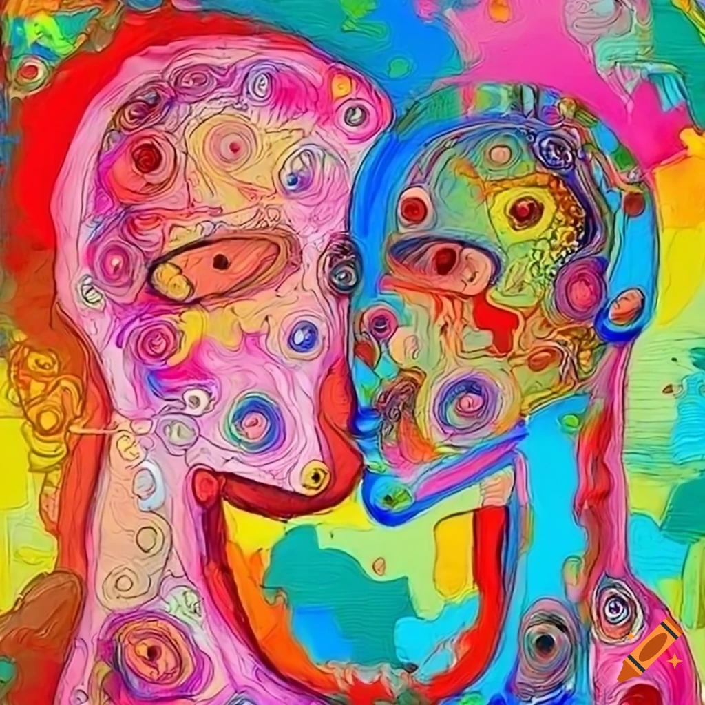 Abstract bric a brac style art of two unusual people in dispute