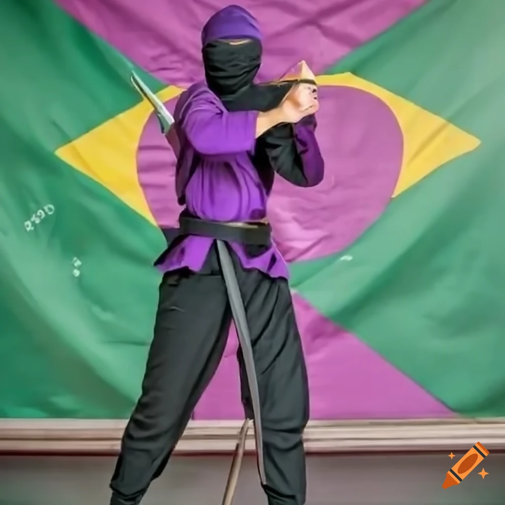 Retro ninja displaying katana skills with Brazilian flag in the background