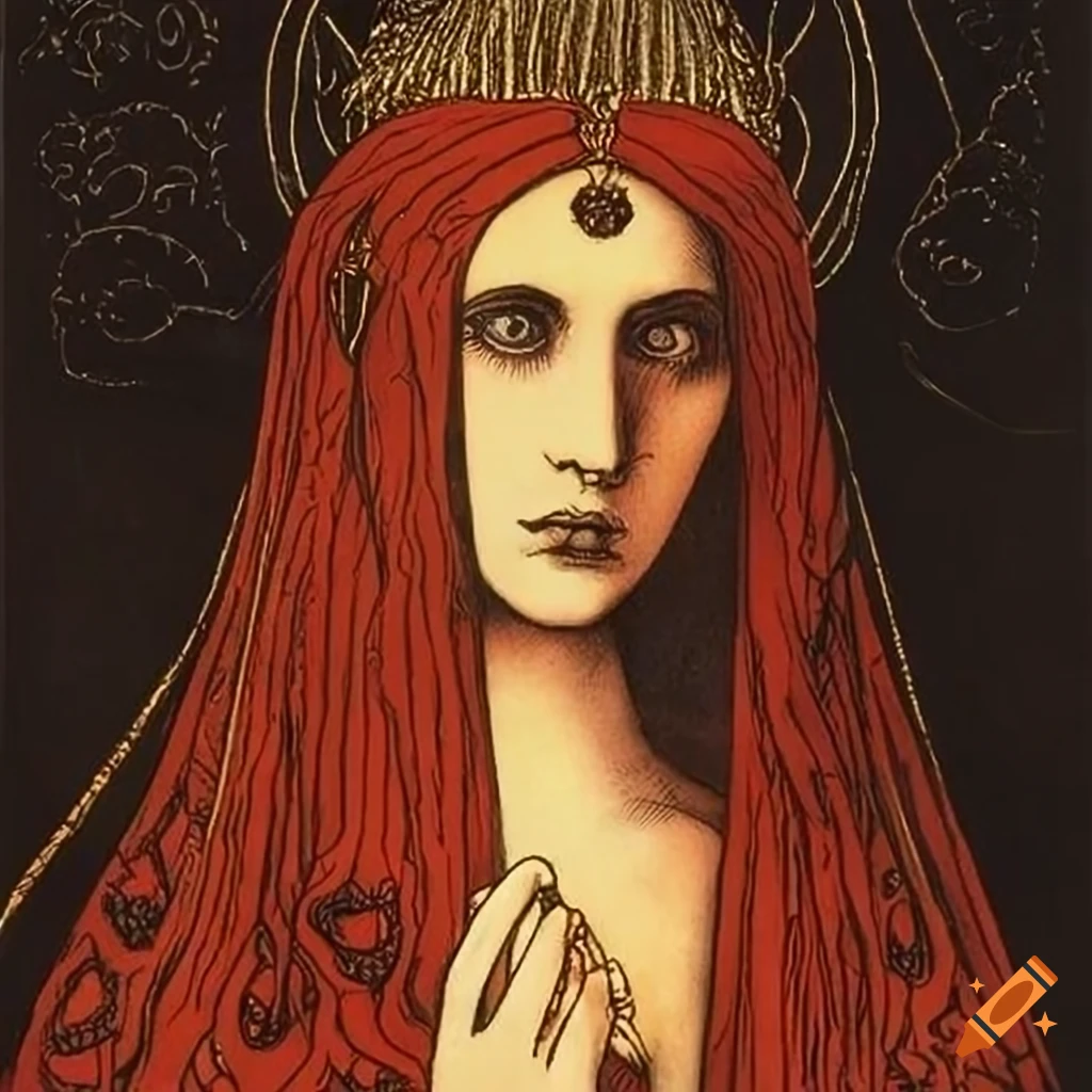 Mary Magdalene tarot card with mystical religious figures and dark symbolism