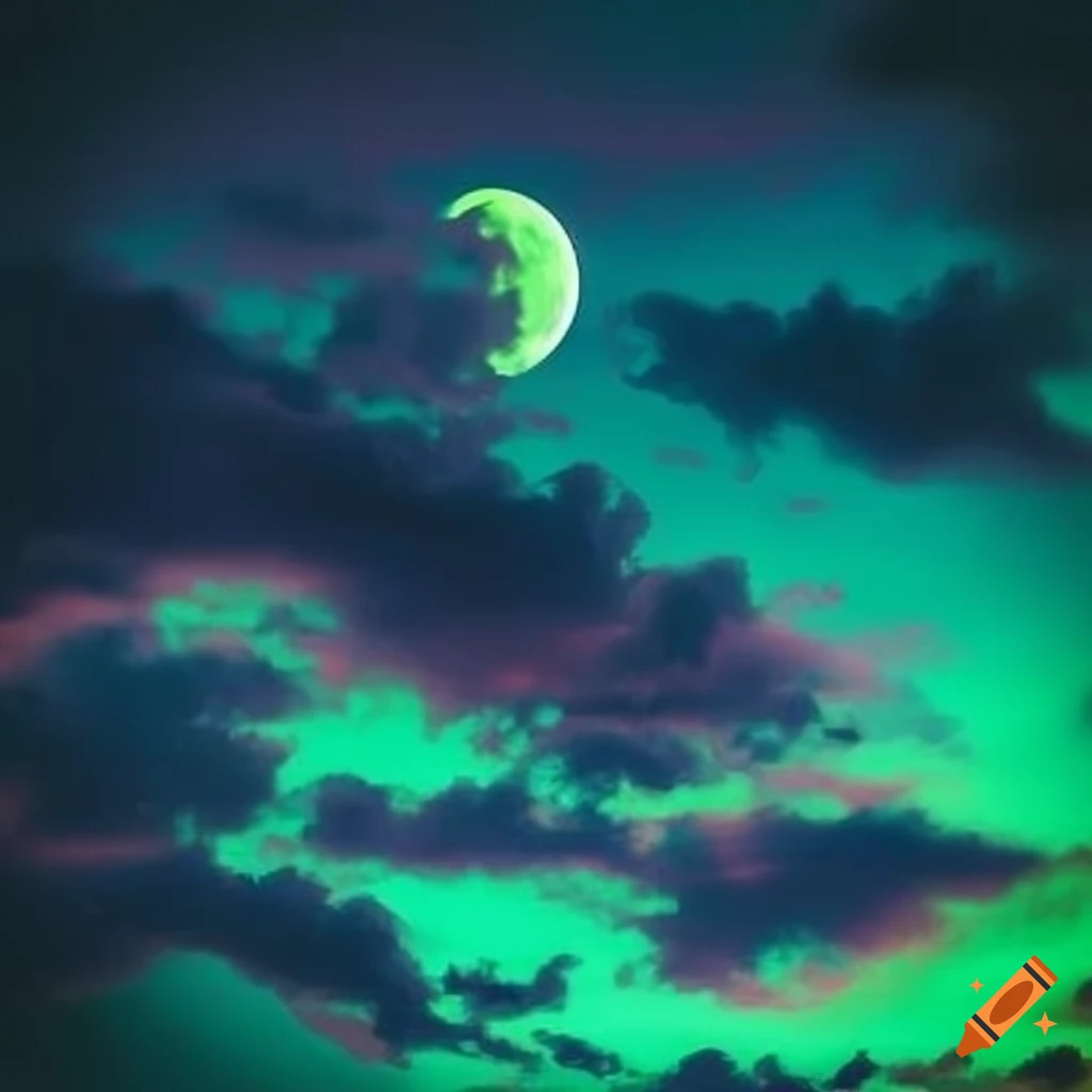 Dreamy colorful dark sky with a large neon green moon and flying bats, inspired by Bryan Lee O'Malley style