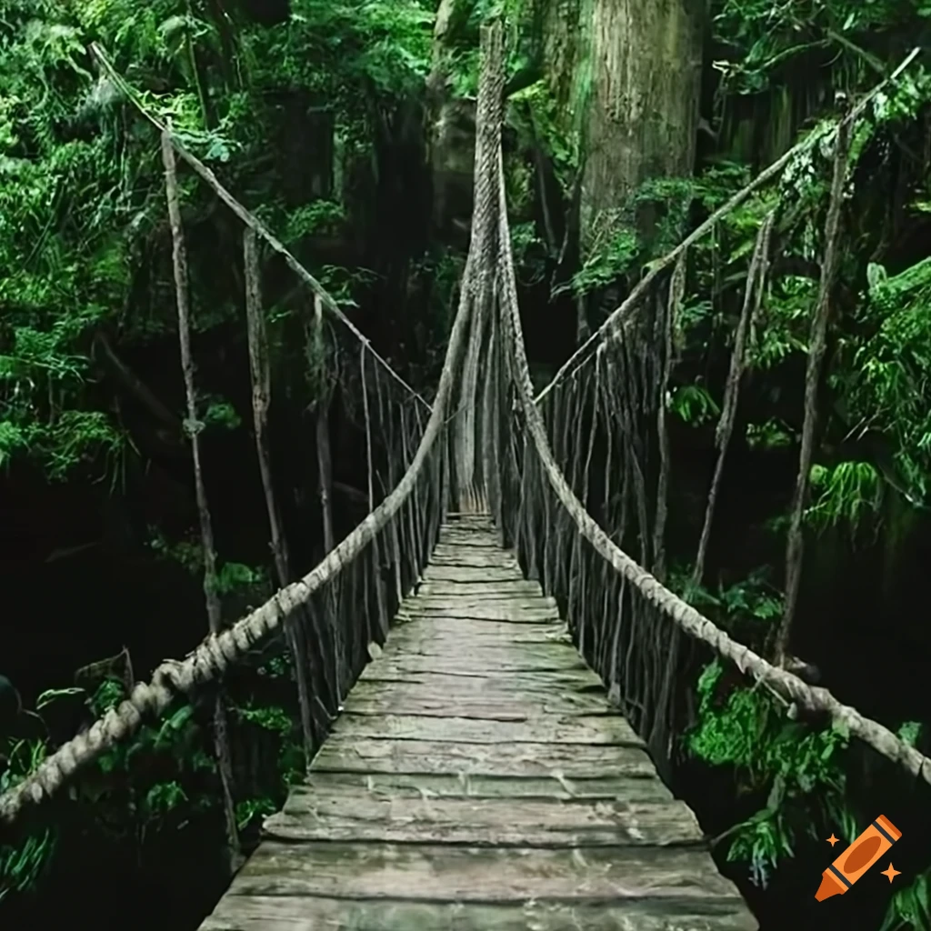Suspension bridge in the jungle with missing wood pieces and ropes on ...