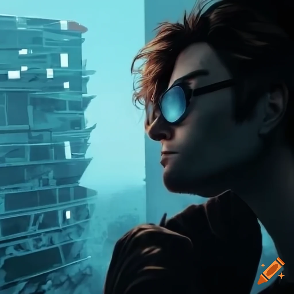 Tower window solarpunk with young man wearing sunglasses
