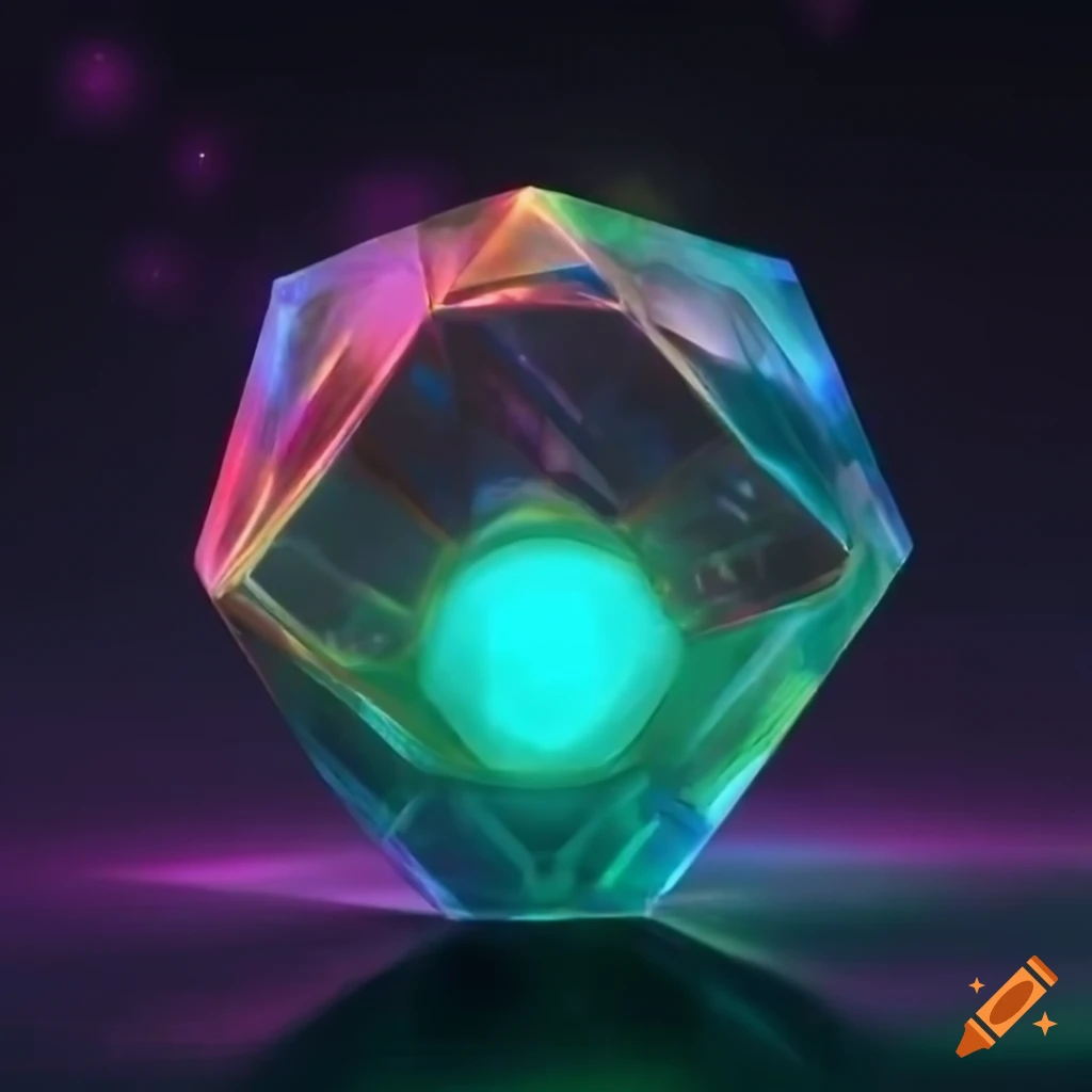 Semitransparent glowing polyhedron in space with iridescence on Craiyon
