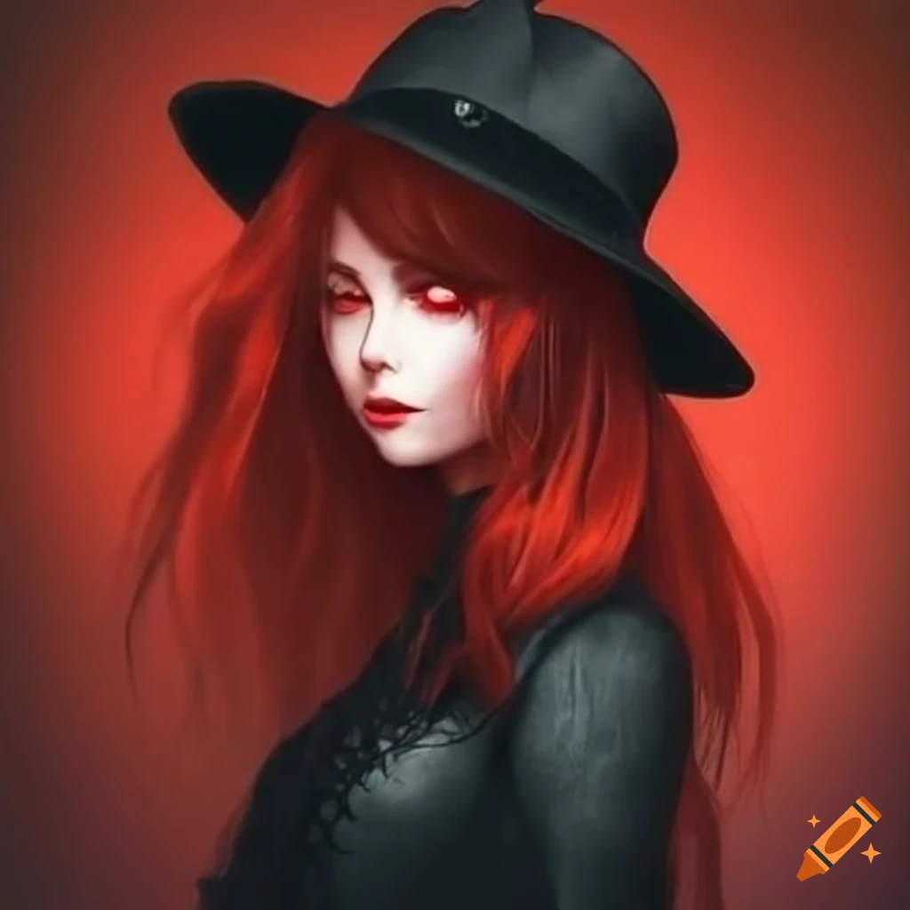 Woman with red hair and eyes wearing a black dress and hat on Craiyon