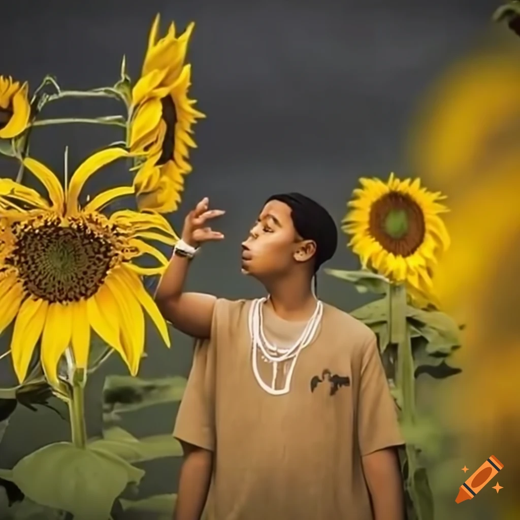 Contemplative rap artist with golden sunflowers on Craiyon